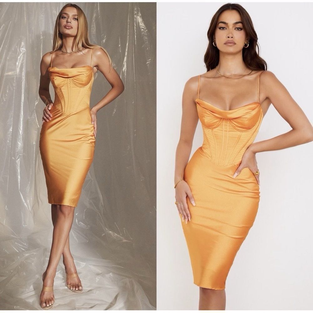 NWT House of CB Myrna Tangerine Satin 
Corset Midi Dress $269 Nordstrom
